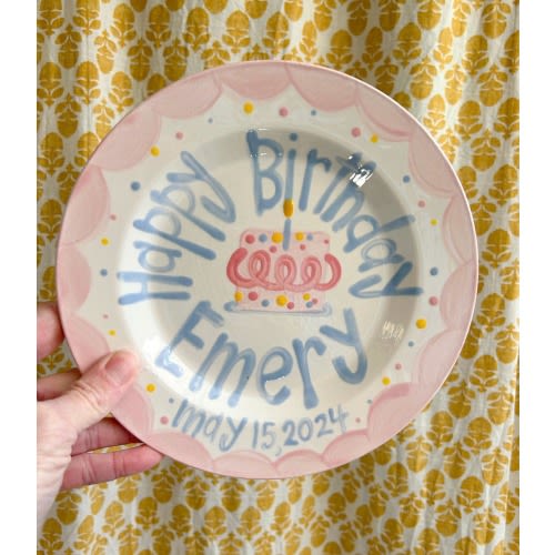 Girls Birthday Plate // Pastel Colors Scallops and dots Personalized First Birthday Plate Plate, Custom handpainted, ceramic kiln fired