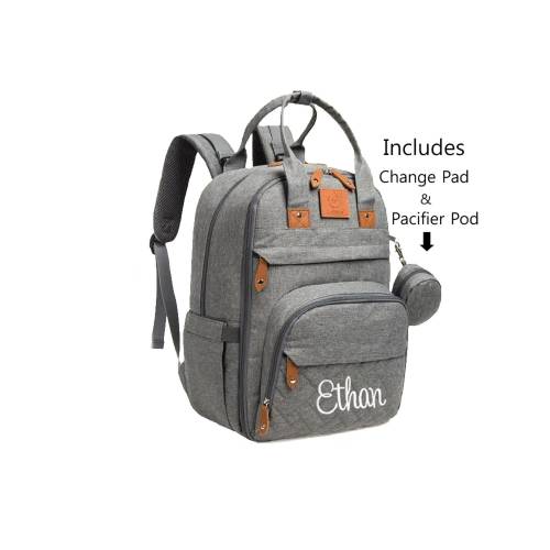Gray Quilted Backpack Diaper Bag, Personalized Diaper Bag with Pacifier Holder Pod and Changing Pad