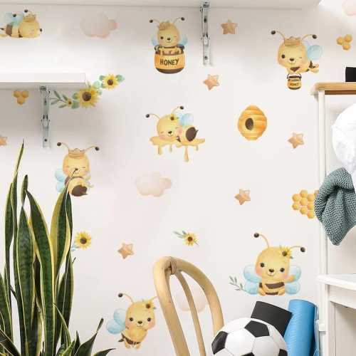 Watercolor Bee Wall Stickers for Girls Room Kids Bedroom Wall Decals Living Room Baby Nursery Room Decor Wallpaper