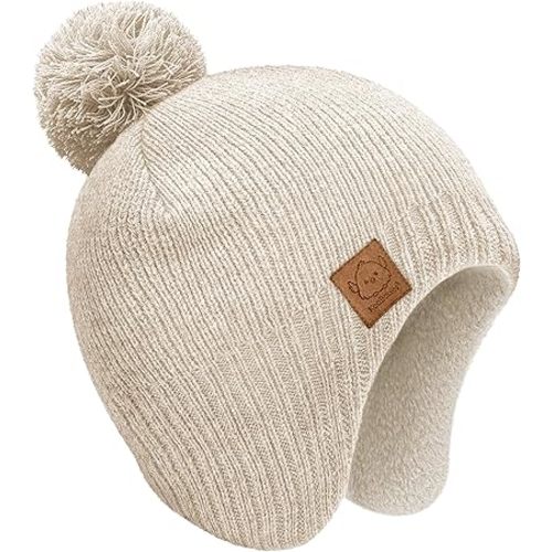 Baby Beanie Winter Hat 6-36 Months - Cute Pom Winter Baby Hats with Earflaps, Soft & Stretchy Knit Toddler Beanies for Infant, Newborn 6-36 Months Boys, Girls, Cozy, Warm Fall Essentials (Cream, M)