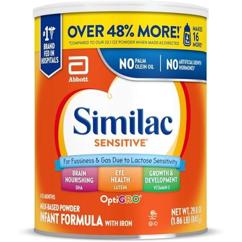 Similac Sensitive Infant Formula, for Fussiness & Gas Due to Lactose Sensitivity, Baby Formula Powder, 29.8-oz Can