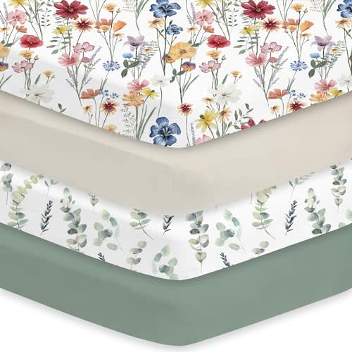 Little Grape Land Crib Sheets 4 Pack, Baby Crib Sheet Set for Standard Crib & Toddler Mattress, Super Soft Breathable Crib Mattress Sheets Fitted Girl & Boy, Spring Flower & Green Leaves