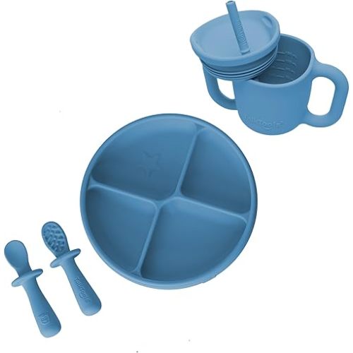 TalkTools ITSY Baby Utensil Set – Silicone Training Cup, Plate and Twin Spoon Pack for Toddlers| Infant First Food Self Feeding Silicone Training Set (Ocean)