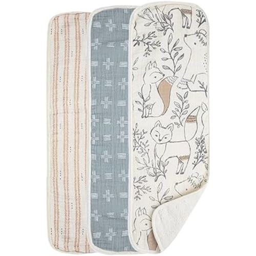 Crane Baby Muslin Baby Burp Cloths, Lightweight Absorbent Burp Cloth, Woodland Animal, Set of 3, 7" x 20", Newborn Baby Essentials, Burp Cloths Baby Boy, Burp Cloths Baby Girl, Baby Newborn Essentials