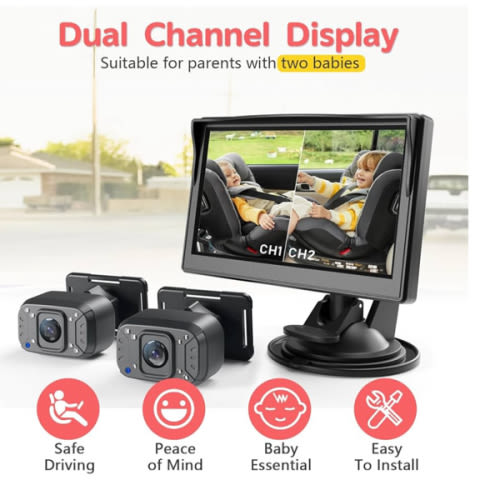Itomoro Baby Car Camera, Dual Channel 5 inch Display with 2 IR Night Vision Camera, Easily Install Baby Car Mirror 1080P Clear Car Baby Camera for Rear Facing Seat Backseat ACZ403