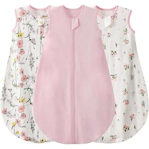 Duomiaomiao 3 Pack Baby Sleep Sack 100% Organic Cotton Lightweight Breathable Comfy Toddler Sleeping Sack (0.5tog Flowers, Small)