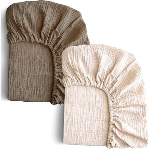 COSMOPLUS-Muslin-Crib-Sheets-for-Girls-Boys-Neutral-Baby,2 Pack Boho Crib Matress Sheet,Fitted Crib Sheet for Standard Crib Mattress & Toddler Bed Mattress,Organic Cotton,Ivory & Iced Coffee