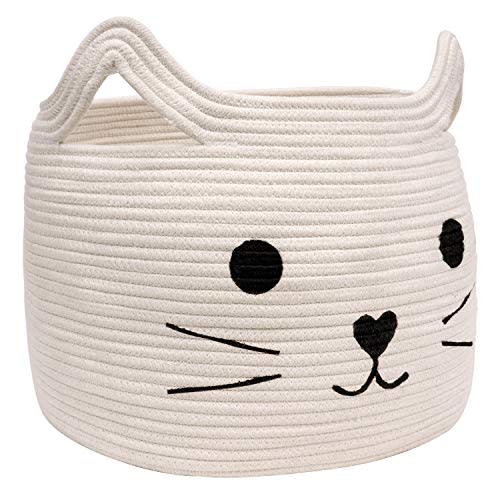 HiChen Large Woven Cotton Rope Storage Basket, Baby Laundry Basket Organizer for Towels, Blanket, Toys, Clothes, Gifts | Pet Gift Baskets for Cat, Dog - 15.7" L×11.8" H
