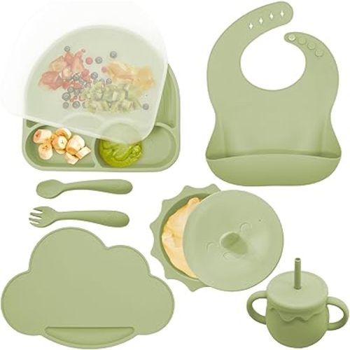 HUDSON & ELOISE Silicone Baby Led Weaning Supplies - Baby Feeding Set, Baby Eating Supplies Infant Toddler Feeding Set, Silicone Baby Bib, Baby Plate and Bowl Set with Suction Baby Cup (Olive)