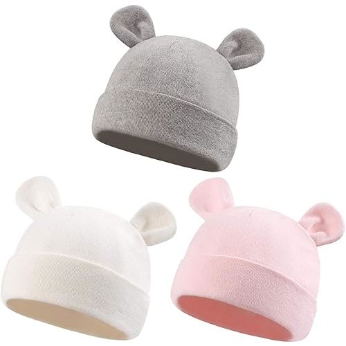 Duoyeree Baby Hat Newborn Hat Adorable Cotton Bear Ear Beanie Cap for Infant Girl Boy 0-6 Months (Pink White Grey)