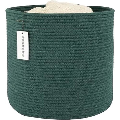 Cotton Rope Basket For Girls Boys Kids 16”X14” Baby Laundry Basket Nursery Bin Round Woven Basket Organizer For Storage Toys Blankets Shoes Clothes dark green