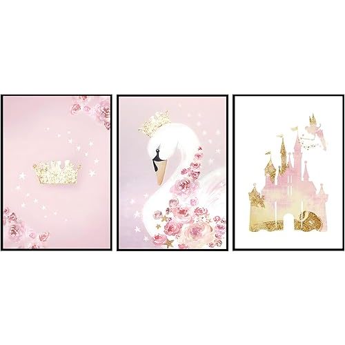 3Pcs Pink Nursery Swan Wall Art Princess Room Wall Decoration Girl's Room Castle Crown Canvas Poster Painting Art Print Suitable for Kindergarten Children's Room Size 12x16in