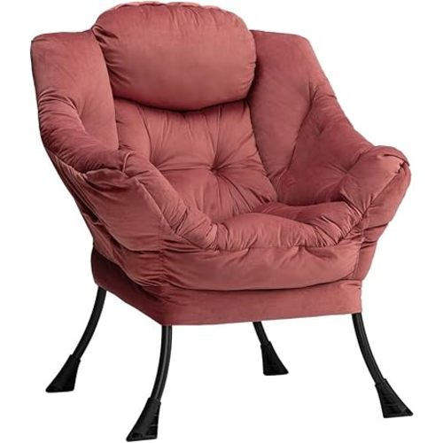 HollyHOME Modern Fabric Large Lazy Chair, Accent Oversized Comfy Reading Chair, Thick Padded Cozy Lounge Chair with Armrest, Steel Frame Leisure Sofa Chair for Living Room, Bedroom, Dorm, Dusty Rose
