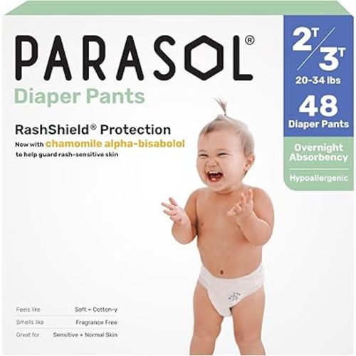 Parasol Chlorine Free Disposable Diaper Pants, Size 4 (2T-3T) 48 Count, Pull On Style with RashShield Protection and Active 360 Comfort Wrap, Hypoallergenic Training Diaper