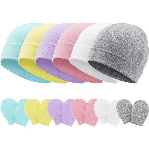 Newborn Baby Hats and Mittens Set Infant Beanie Cap Toddler Gloves Newborn Hospital Hats for Baby Boys Girls Kid 0-6 Months