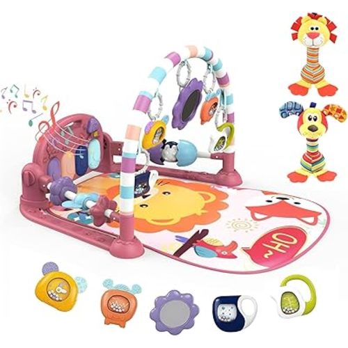 dearlomum Baby Play Mat Baby Gym,Funny Play Piano Tummy Time Baby Activity Gym Mat with 5 Infant Sensory Baby Toys and 2 Baby Soft Rattles, Boy & Girl Gifts for Newborn 0 to 3 6 9 12 Months(Pink)