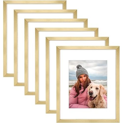 AUEAR 16x20 Picture Frames Set of 6, with Mat for 11x14 or 16x20 without Mat, Composite Wood Gallery Photo Frames with Plexiglass, Wall Mounting (Gold)