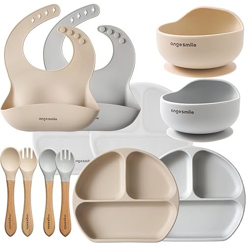 Baby Feeding Essentials Silicone Ange Smile 12 Set Bib, Baby Bowl, Suction Plate, Spoon, Fork Eating Utensils for 6+ Months Kids Toddler Kawaii