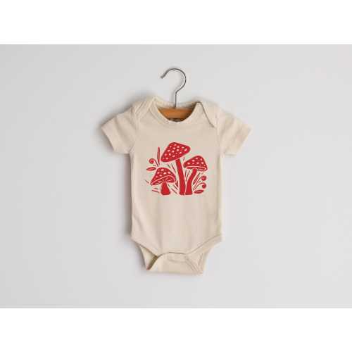 Modern Mushrooms Organic Baby Bodysuit • Modern Woodland Graphic Outfit • Natural Organic Cotton Cream • USA Made Top for Outdoorsy Babies
