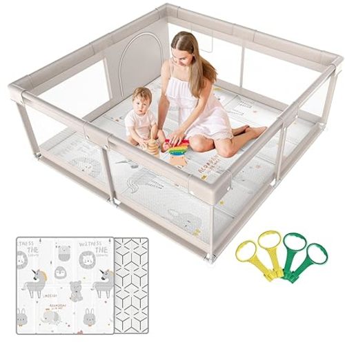 ZEEBABA Baby Playpen with Mat, Playpen for Babies and Toddlers, Small Baby Play Pens, Play Yard for Infants with Play Mat, 47x47inch Playard with Gate
