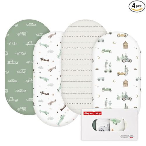 Gllquen Baby Bassinet Sheets 4 Pack, Breathable Cozy Fitted Mattress Sheet, Elastic Travel Crib Fashionable Pattern, Standard Cradle Safe Sheets for Baby Boys Girls 32"x16" (Car)