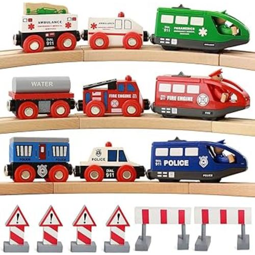 Wooden Train Set for Toddlers Battery Operated Action Rescue Trains with 3 Magnetic Motorized Engines and 6 Cars, Compatible with Thomas, Brio, Melissa and Doug