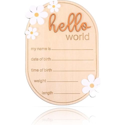 Baby Announcement Sign, Wooden Hello World Newborn Welcome Sign Personalized Birth Announcement Board for Baby Name Gender Neutral Nursery & Hospital Photo Props Keepsake Gift (Orange Letter)