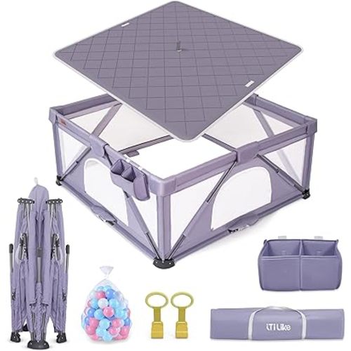 Foldable Baby Playpen, iTiLike Large Playard with Detachable Thicken Mat, Playpen for Babies and Toddlers with Storage Bag, Play Pens with Gate, Indoor & Outdoor Portable Play Yard, Sturdy Baby Fence