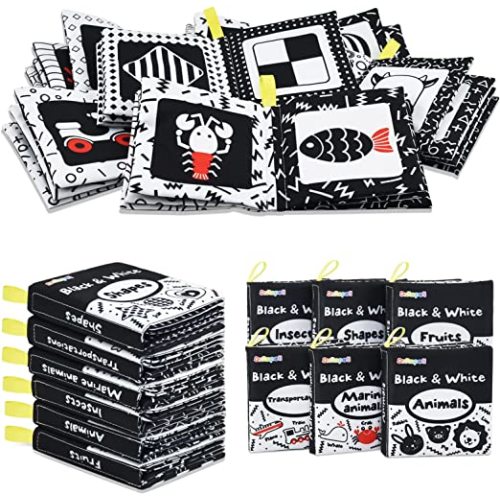 Dr.Rapeti Soft Cloth Books Baby Books Bath Books 6-Pack for Baby Infant Toddler Kids High Contrast Black and White Crinkle Washable Chewable Non-Toxic Early Educational Giftable