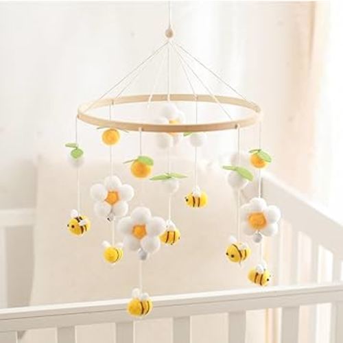 Baby Crib Mobile for Boys Girls, Boho Nursery Decor Mobile for Bassinet, Gender Neutral Mobile Crib Accessories for Infant Bedroom Hanging Decoration - Felt Daisy Flower, Bees, Leaves