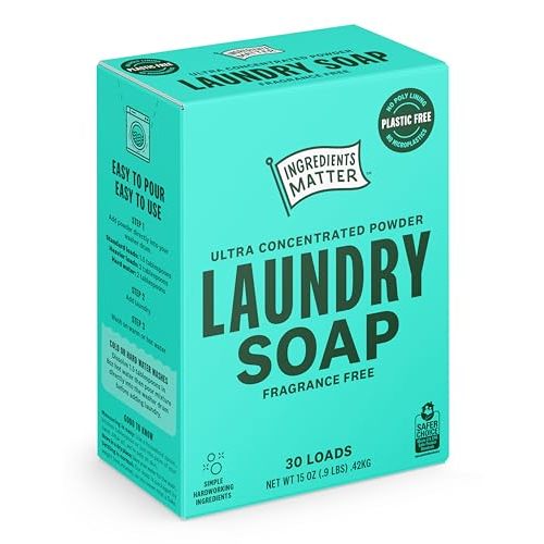 Ingredients Matter Powder Laundry Soap - Fragrance Free, Hypoallergenic Detergent, Natural & Eco-Friendly, Plastic Free, Made in USA, Natural Essential Oils & Dermatologist Tested - 15 oz, 30 Loads