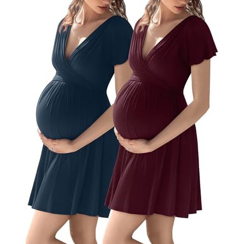 Neer 2 Pack 3 in 1 Labor Delivery Hospital Gown Robe, Women's Maternity Cross Wrap V Neck Dress Nursing Nightgown Sleepwear