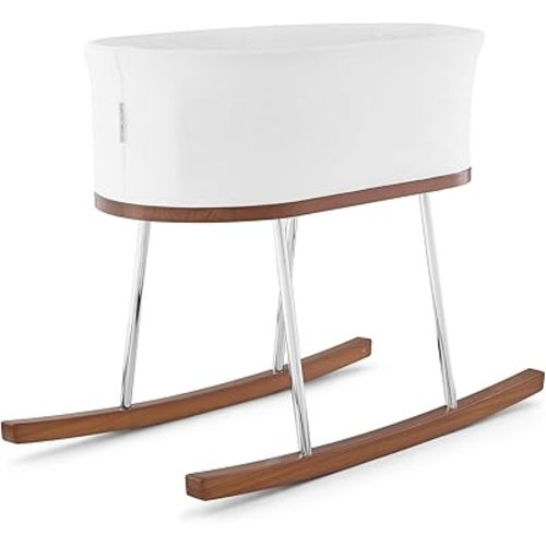 Delta Children Rockaway Rocking Bassinet - Portable Baby Crib with Solid Wood Feet, Organic GOTS Certified Performance Fabric Exterior, Breathable Interior, Includes Mattress Pad & Fitted Sheet, Ivory