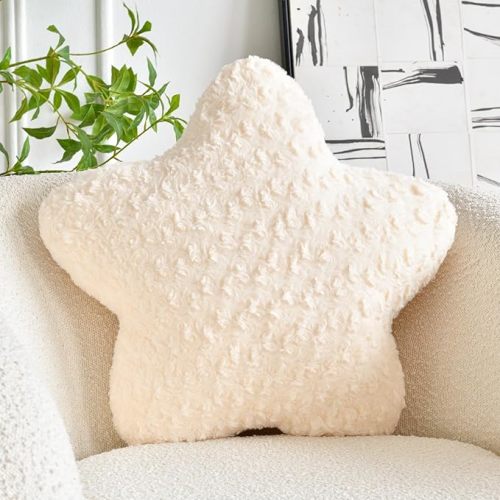 Star Pillow, 14.9" Star Shaped Plush Pillow for Couch Bed Sofa, Cute Decorative Throw Pillows with Soft Faux Fur Room Decor for Bedroom Living Room (Beige)