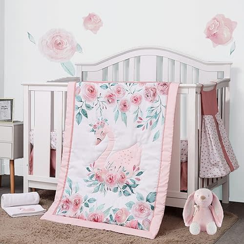 Swan Crib Bedding Set - 5 PC Nursery Set Includes Quilt/Fitted Sheet/Crib Skirt/Diaper Stacker/Blanket (Flower Theme)