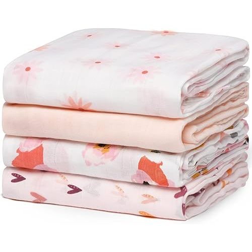 Momcozy Muslin Swaddle Blankets, 4 Pack Soft and Breathable Skin-Friendly Large 47 X 47 Inches Neutral Matching Baby Swaddling Receiving Blankets for Newborn Girls and Boys