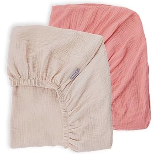 Breathable Crib Sheets for Toddler Bed Mattresses 100% Muslin Cotton Crib Sheets Fitted Boys Girls 2 Pack Soft and Comfortable Boho Bedding for Baby Neutral (Orange Pink&New Camel)