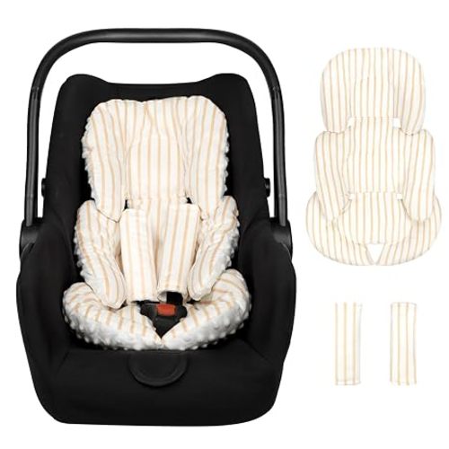 Infant Car Seat Insert, Car Seat Head Support Baby Girls Boys, Soft & Reversible Newborn Carseat Insert Cushion with 2 Strap Covers, for Stroller, Swing, Bouncer (Brown Line)