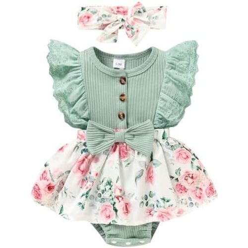 Sinhoon Baby Girl Clothes Newborn Ruffled Sleeveless Romper Floral Dreesy Bodysuit Heaedband 3pcs Baby Girl Summer Clothes