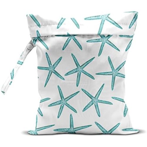 Wet Dry Bag for Swimsuit, Travel, Beach, Pool, Diapers, Dirty Yoga Gym Clothes, Makeup, Waterproof Reusable Beach Bag with Ocean Decor Starfish Sea Horse Anchor