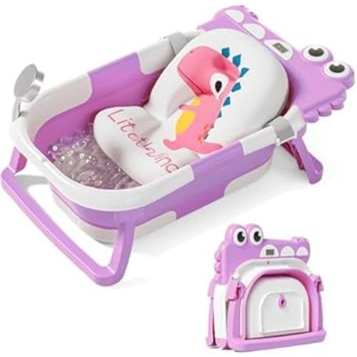 TPN Collapsible Baby Bathtub, Baby Bath Tub with Soft Cushion & Real-Time Thermometer, Baby Bathtub Infant to Toddler Tub (0-36 Months), Portable Travel Baby Tubs for Newborns (Lavender)