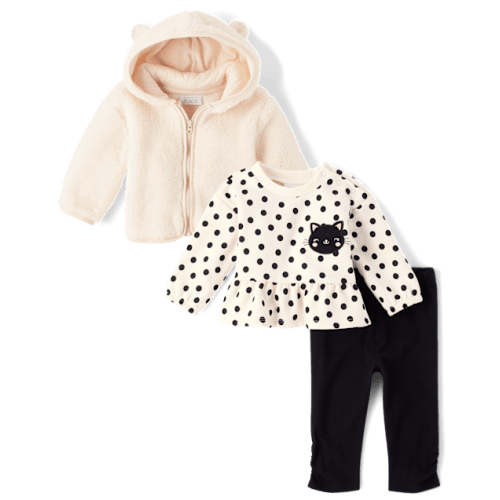 Baby Girls Applique Cat 3-Piece Outfit Set - White