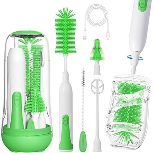 Electric Baby Bottle Brush, Rechargable Electric Bottle Brush Cleaner for Travel, Portable Baby Bottle Cleaner Brush Set with Silicone Bottle Brush, Nipple Brush, Straw Brush(Vintage Green)