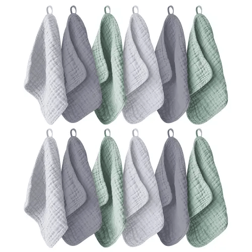 12 Pack Muslin Washcloths for Baby - 100% Cotton Baby Wash Cloths for or Baby Face Body Comfy and Soft for Newborn Infants Kids Girls and Boys - 12"x12" - Grey, Green and Slate