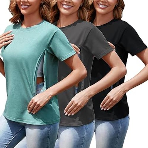 Women's 3-Pack Nursing Tops for Breastfeeding with Hidden Zippers Loose Fit Maternity Shirts