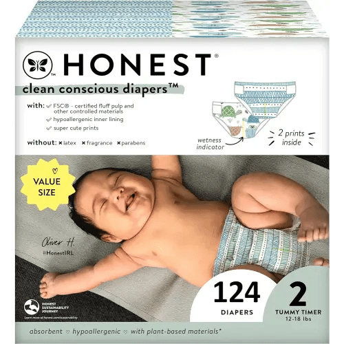The Honest Company Clean Conscious Diapers | Plant-Based, Sustainable | Turtle Time + Dots & Dashes | Super Club Box, Size 2 (12-18 lbs), 124 Count