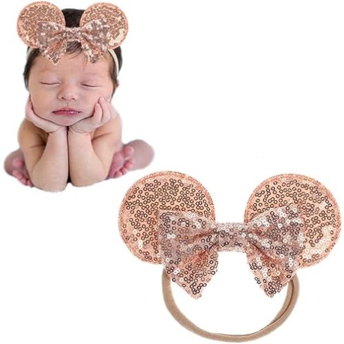 JIAHANG Mouse Ears Sequin Bow Nylon Hairband, Hair Bow Nylon Headband, Soft Elastic Costume Headwear for Baby Girl Newborn Toddler, kids, Party Supplies