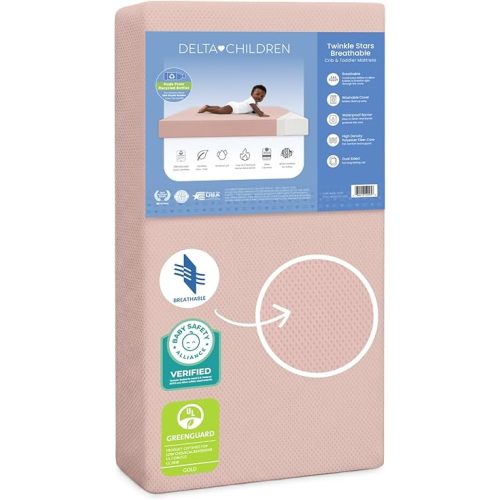 Delta Children Twinkle Stars Crib and Toddler Mattress with Breathable, Removable Machine-Washable Cover - GREENGUARD Gold - Waterproof Baby Bed - Sustainably Sourced Fiber Core - 52”Lx27.5”W, Pink