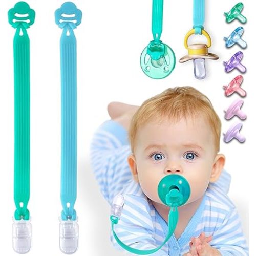 Silicone Pacifier Clip with Adapter Ring for Philips Avent Soothie, 2 Pack One-Piece Soft Binky Clips Holder for Baby Boys Girls, Newborn Baby Essentials for Teething Relief Toys Baby Shower