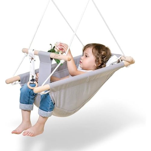 Baby Swing for Infants to Toddlers,Indoor Outdoor Wooden Hanging Swing Seat with Safety Belt and Mounting Hardware, Suitable for Ages Up to 3,Little Cloud
